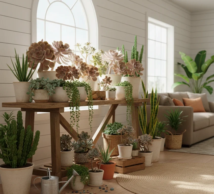 evde sukulent bahçesi